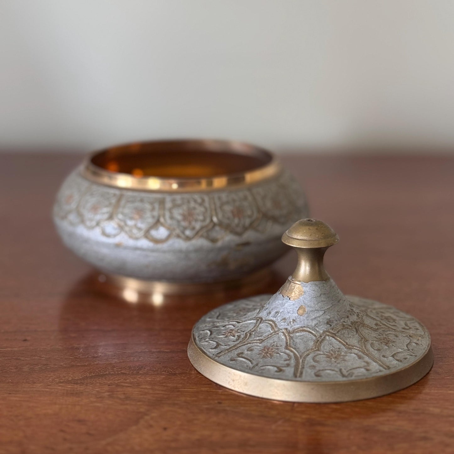 Vintage Brass two toned Blue Gray Trinket Bowl Dish that was Made in India