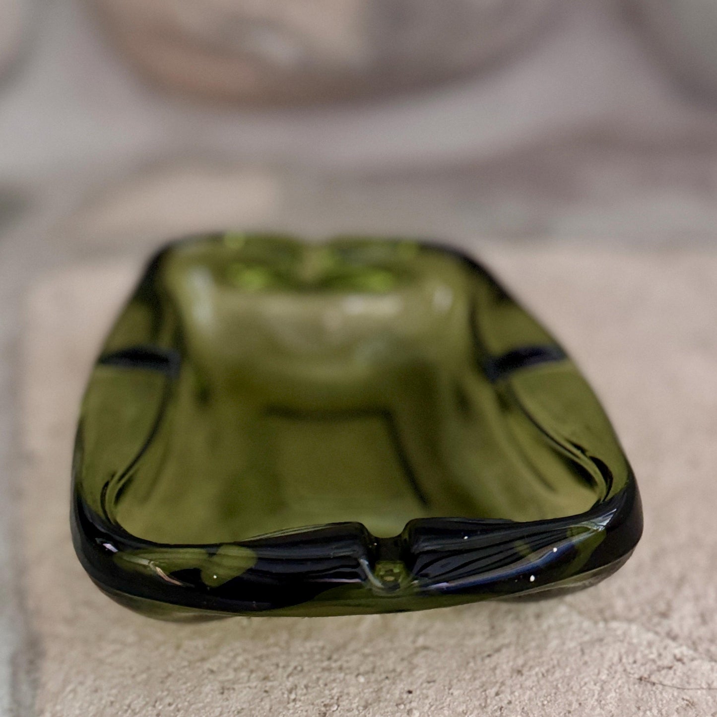 Olive Green Mid-Century Glass Ashtray Catchall – Heavy Retro Sculptural Form