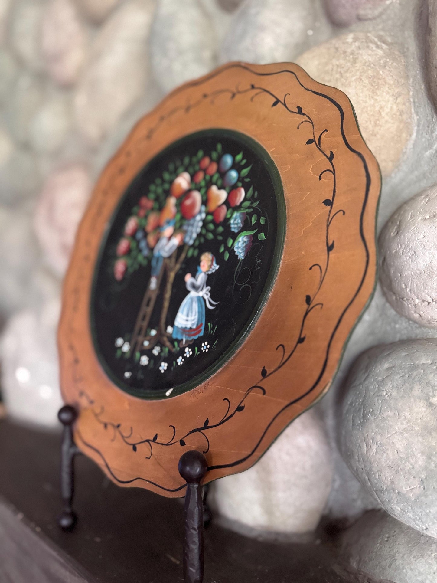 Hand-Painted Folk Art Decorative Wooden Charger Plate Artist Signed Collector Quality