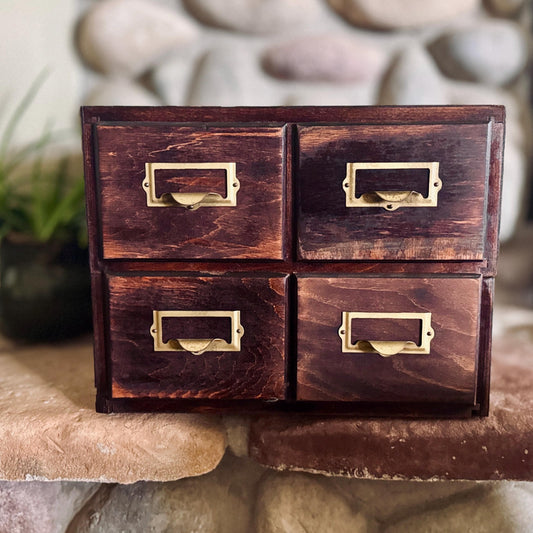 Vintage Wood 4-Drawer Card Catalog – Apothecary Style Desktop Organizer