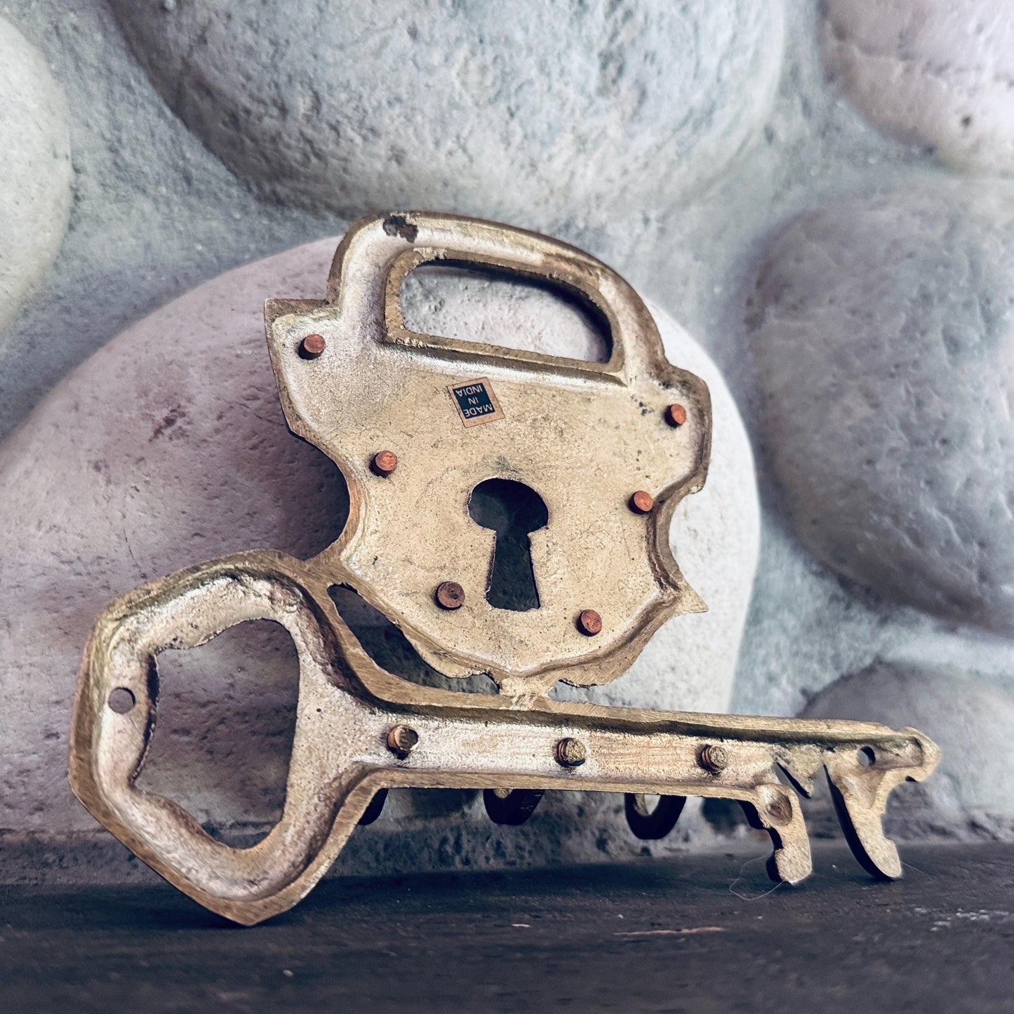 Vintage Solid Brass Padlock & Key Wall Hook – Made in India