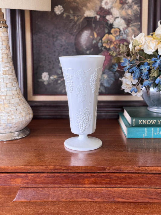 Vintage Milk Glass Grapevine Pedestal Vase – 10” Tall