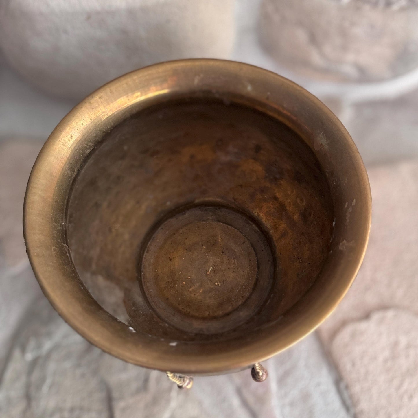 Vintage Hammered Brass Pot with Rope Detail: Boho Planter Bowl