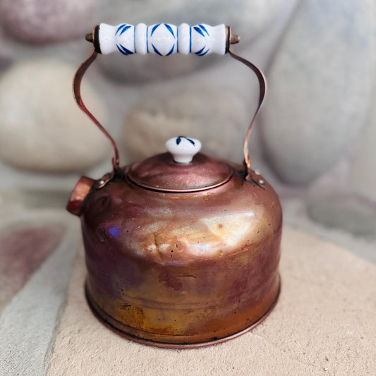 Vintage Copper Tea Kettle with Delft Blue White Porcelain Handle – Rustic Farmhouse Decor