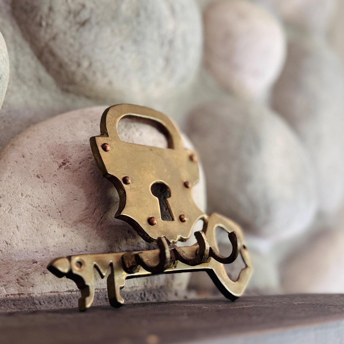 Vintage Solid Brass Padlock & Key Wall Hook – Made in India