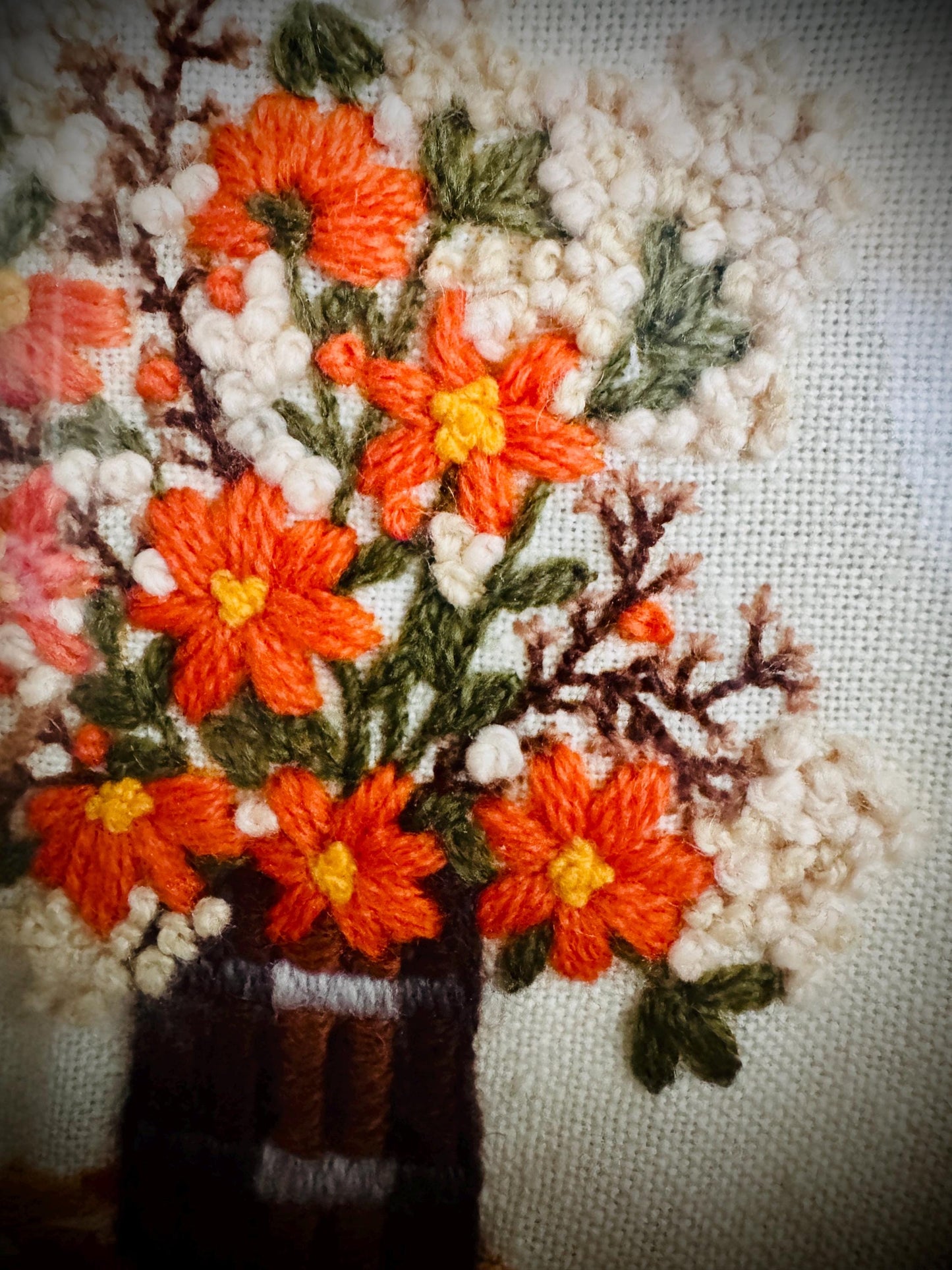Vintage Crewel Needlepoint Hand-Embroidered Floral Art Framed in Ornate Gold Tone Frame