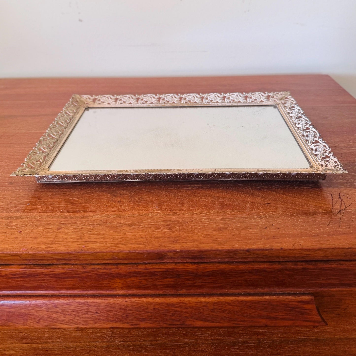 Vintage Hollywood Regency Mirrored Tray | Gilt Filigree Perfume Display