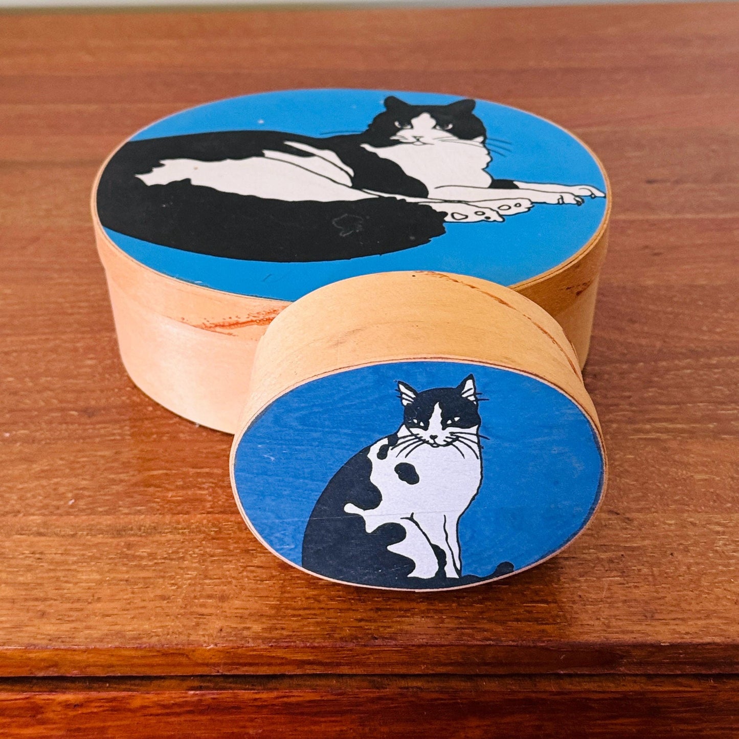 Vintage Cat Illustration Shaker Boxes – Wooden Black & White Tuxedo Cat Art Storage Set