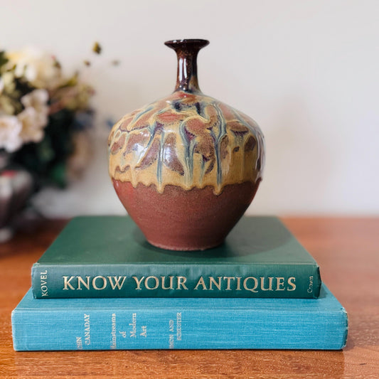 Japanese Style Studio Art Pottery Drip Glaze American Shino Vase, Mid-Century Modern Artisan Decor
