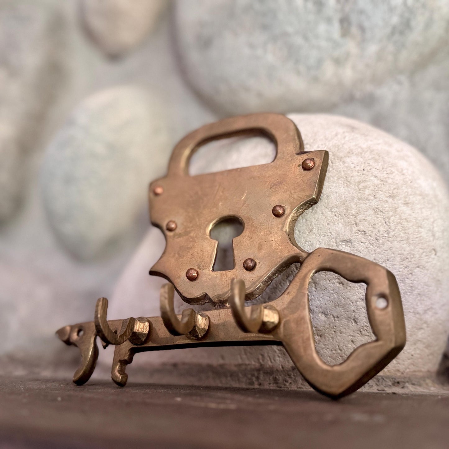 Vintage Solid Brass Padlock & Key Wall Hook – Made in India