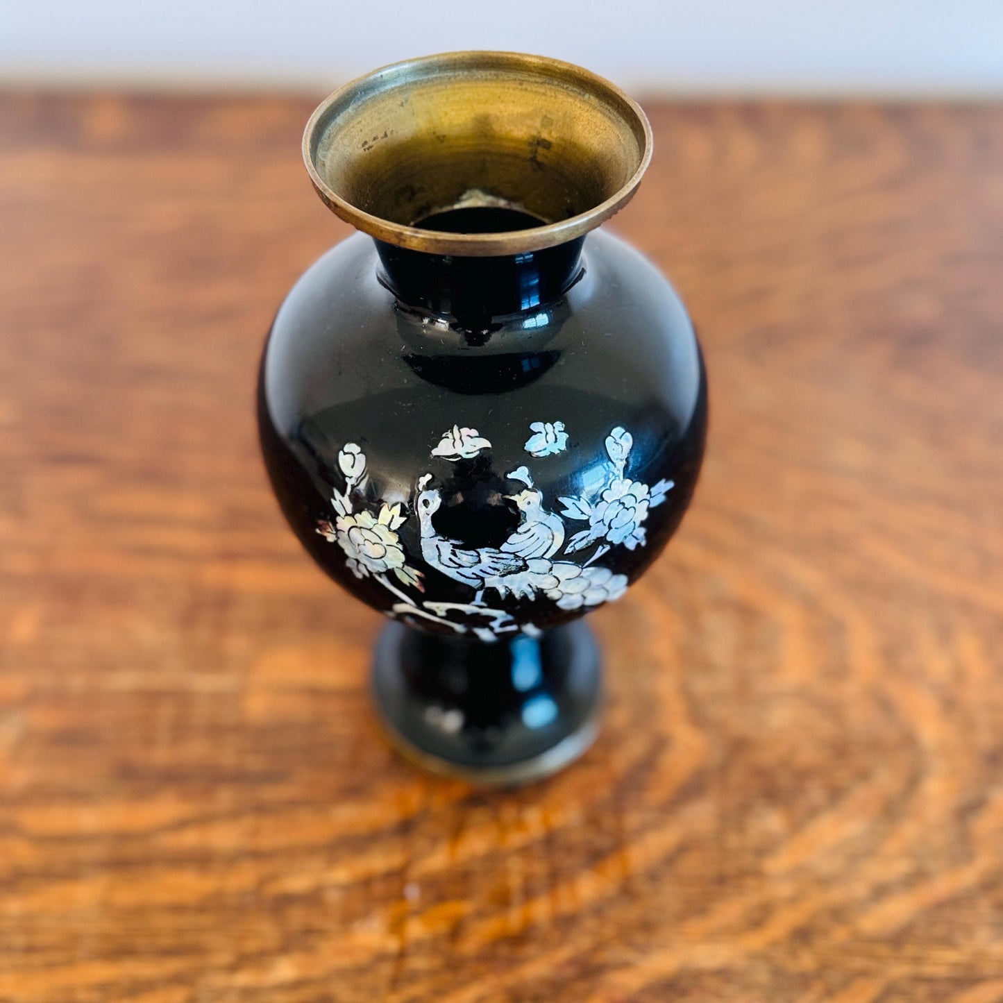 Vintage Korean Mother of Pearl Peacock Black Enamel with Brass Trim Vase