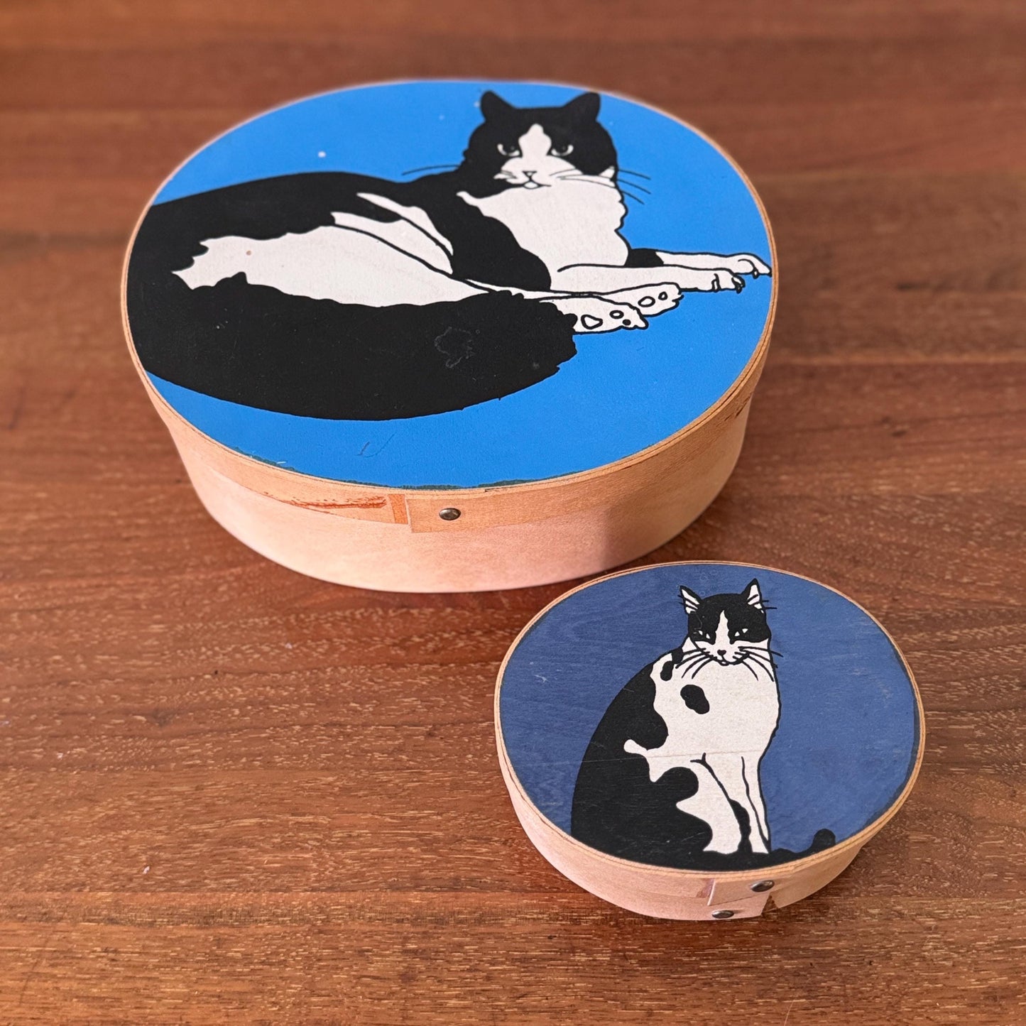 Vintage Cat Illustration Shaker Boxes – Wooden Black & White Tuxedo Cat Art Storage Set