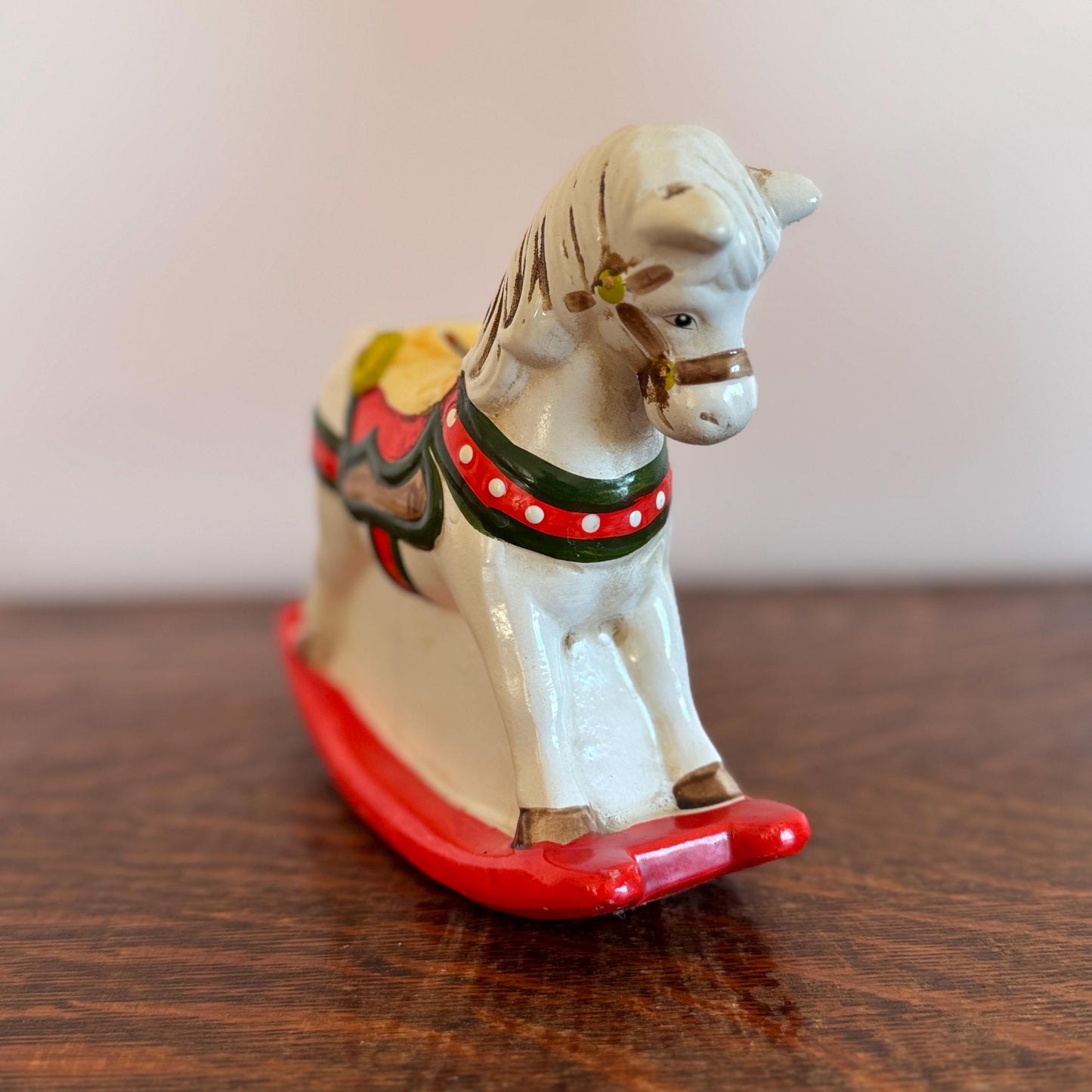 Vintage Enesco Holiday Rocking Horse Bank – Hand-Painted Ceramic Christmas Toy Horse with Teddy Bear & ABC Block