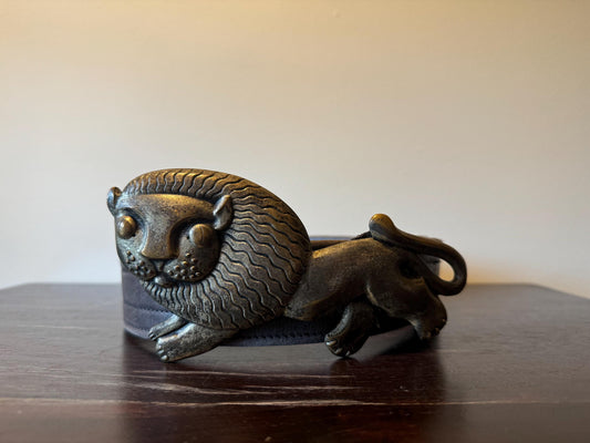 Antique French Lion Belt Buckle: Silver Pewter & Brass, Leather Belt