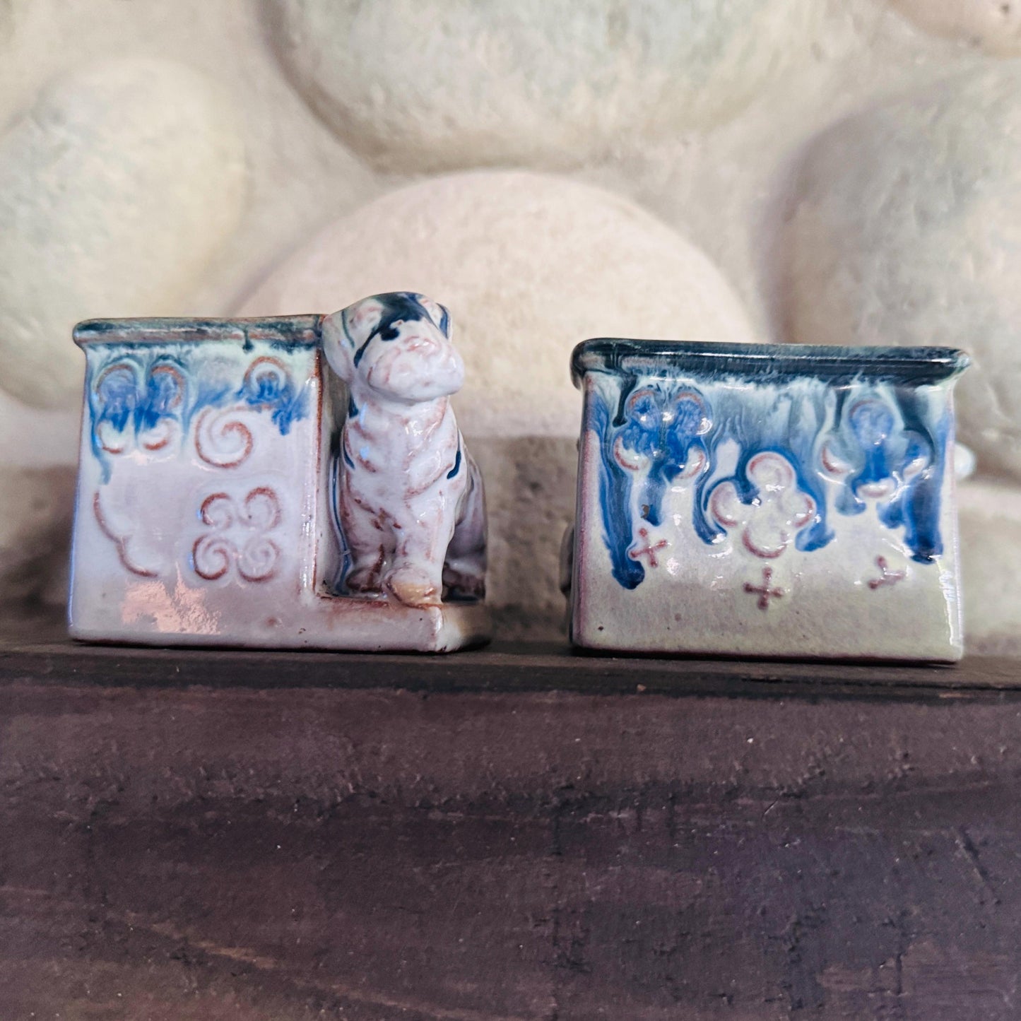 Vintage Japanese Ceramic Dog Planters: Blue Drip Glaze Folk Art, Set of 2
