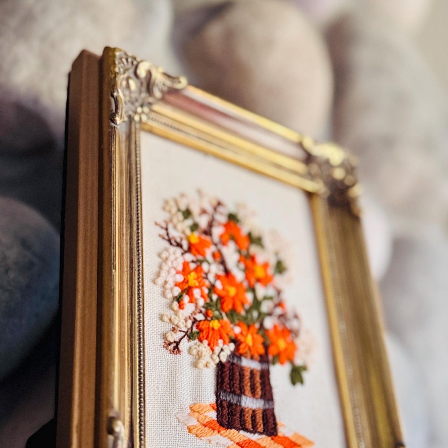 Vintage Crewel Needlepoint Hand-Embroidered Floral Art Framed in Ornate Gold Tone Frame