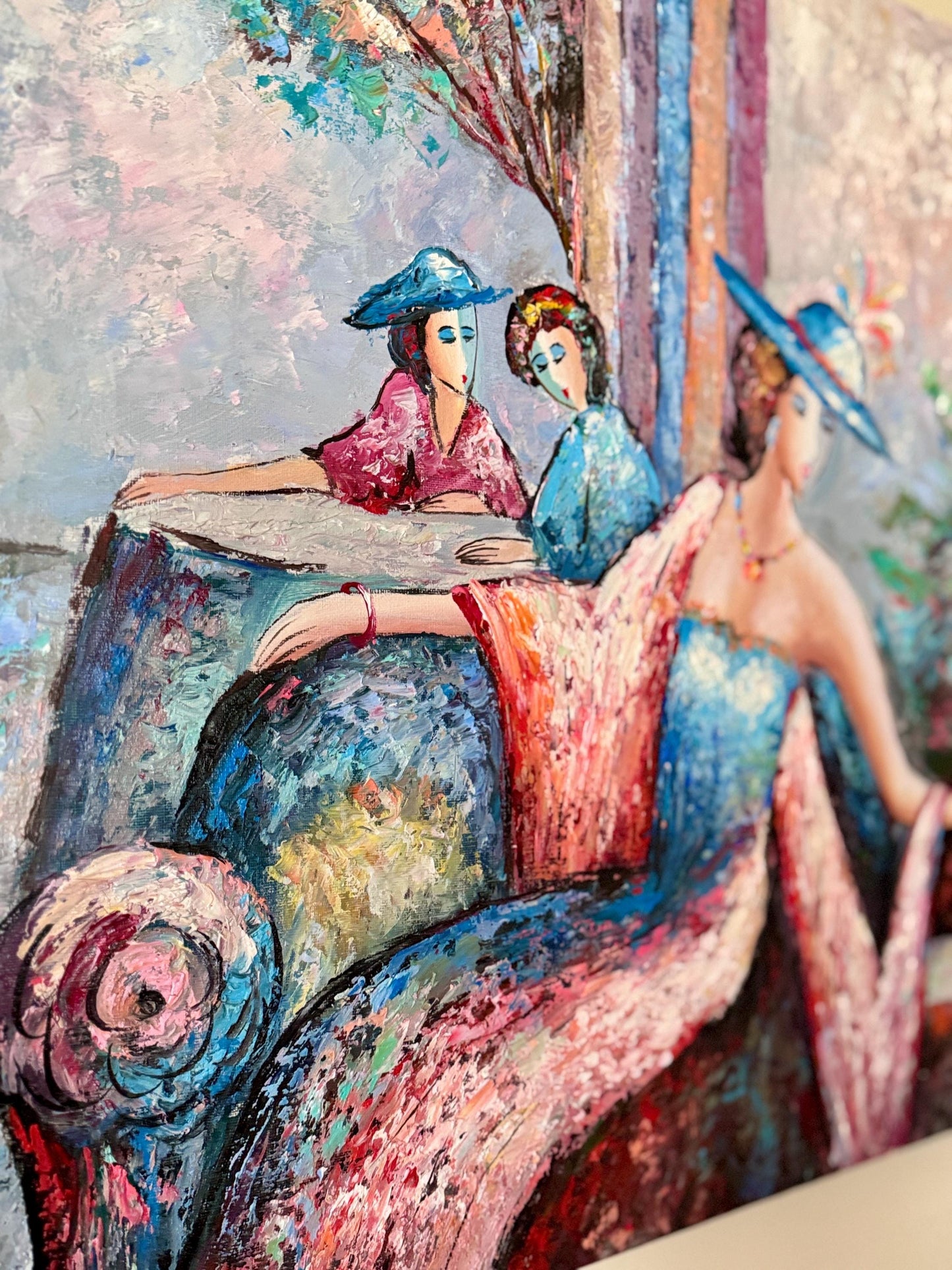 Vintage K. Barnes Oil Painting: Parisian Women with Dog, Floral Impasto Art (20x24)