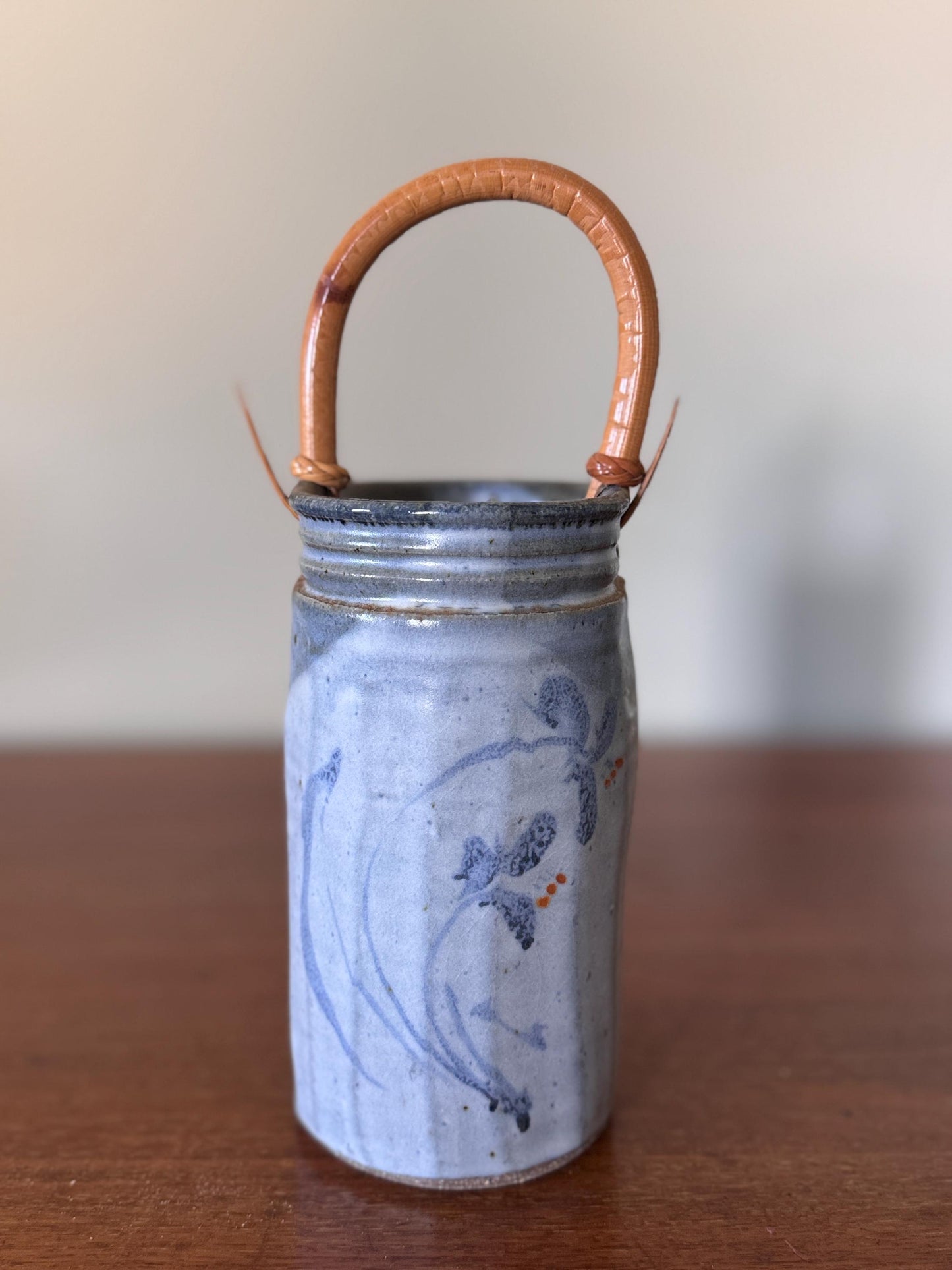 Vintage Studio Pottery Vase with Bamboo Handle Hand-Thrown Stoneware Jar with Blue Glaze & Abstract Brushwork