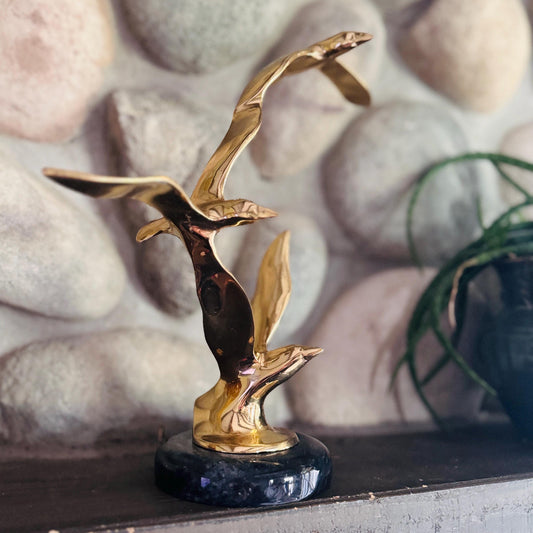 Vintage Brass Seagull Sculpture on Marble Base – Mid-Century Modern Coastal Decor