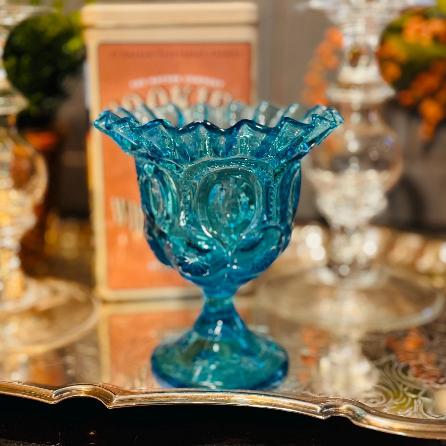 Vintage Moon & Stars Blue Glass Candy Dish - Mid Century Compote Bowl
