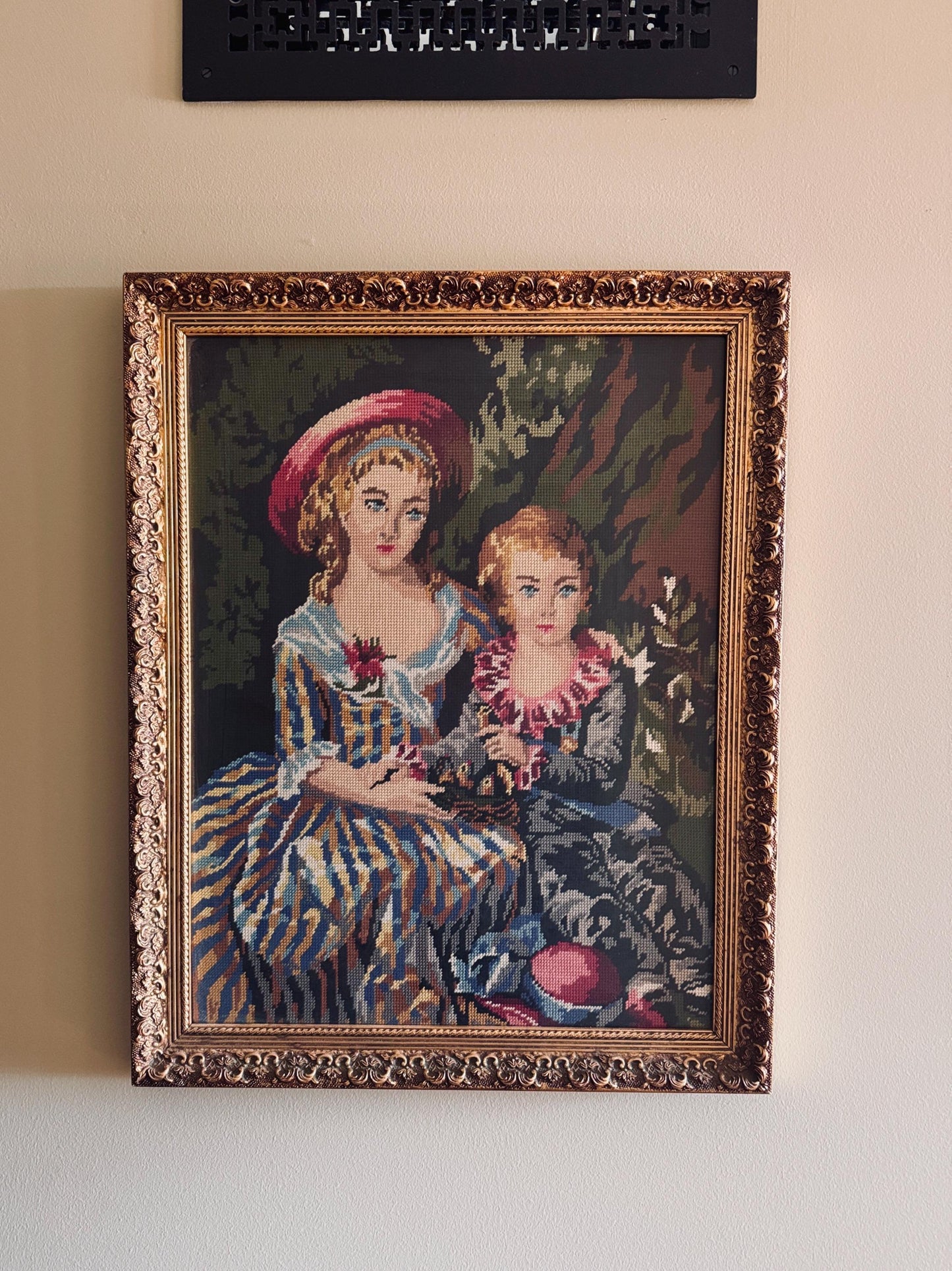 Large Victorian Needlepoint Crewel Fiber Art — Ornate Gold Gilt Frame
