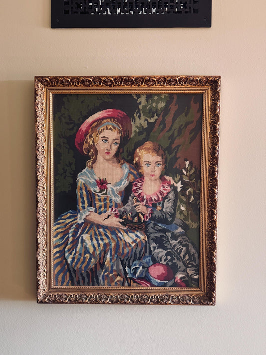 Large Victorian Needlepoint Crewel Fiber Art — Ornate Gold Gilt Frame