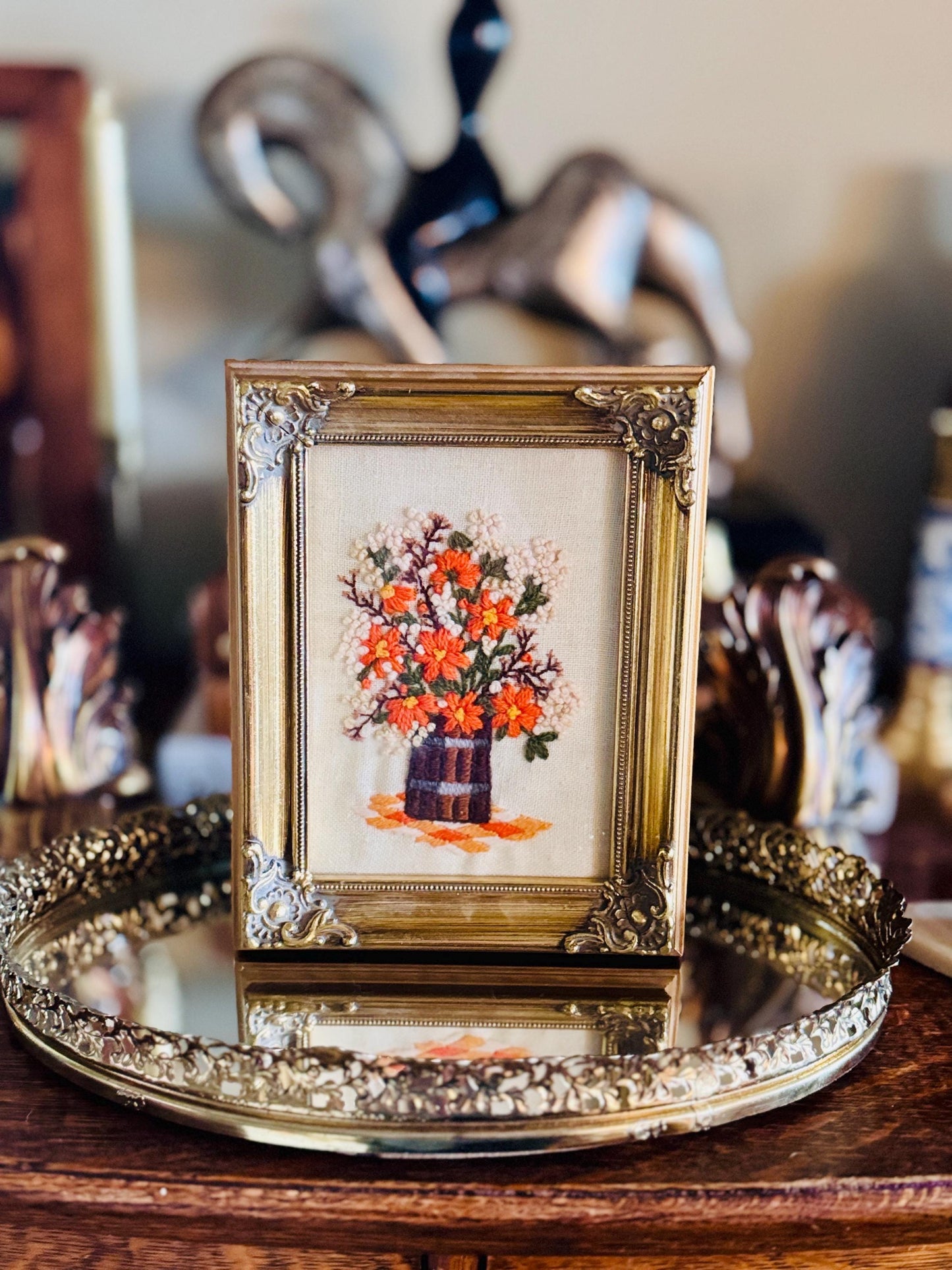 Vintage Crewel Needlepoint Hand-Embroidered Floral Art Framed in Ornate Gold Tone Frame