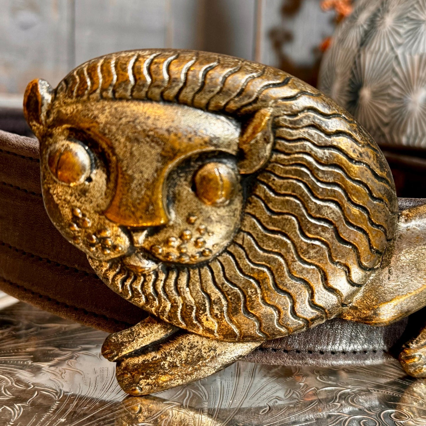 Antique French Lion Belt Buckle: Silver Pewter & Brass, Leather Belt