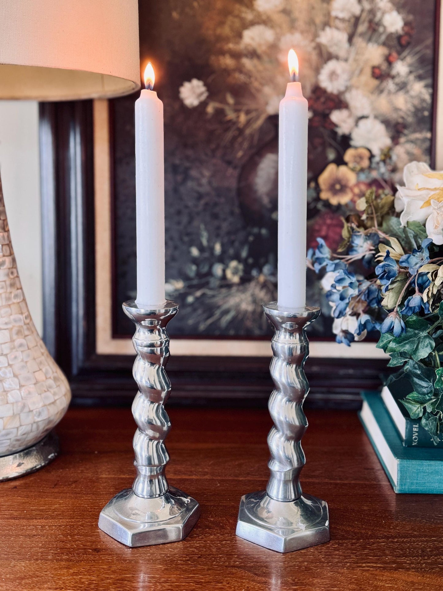 Vintage Aluminum Barley Twist Spiral Candlestick Holder, Taper Candle Pair Mid Century Modern