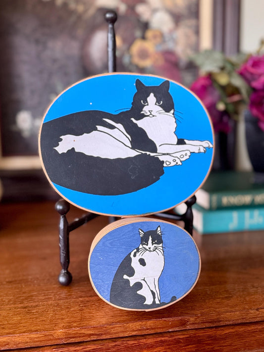 Vintage Cat Illustration Shaker Boxes – Wooden Black & White Tuxedo Cat Art Storage Set