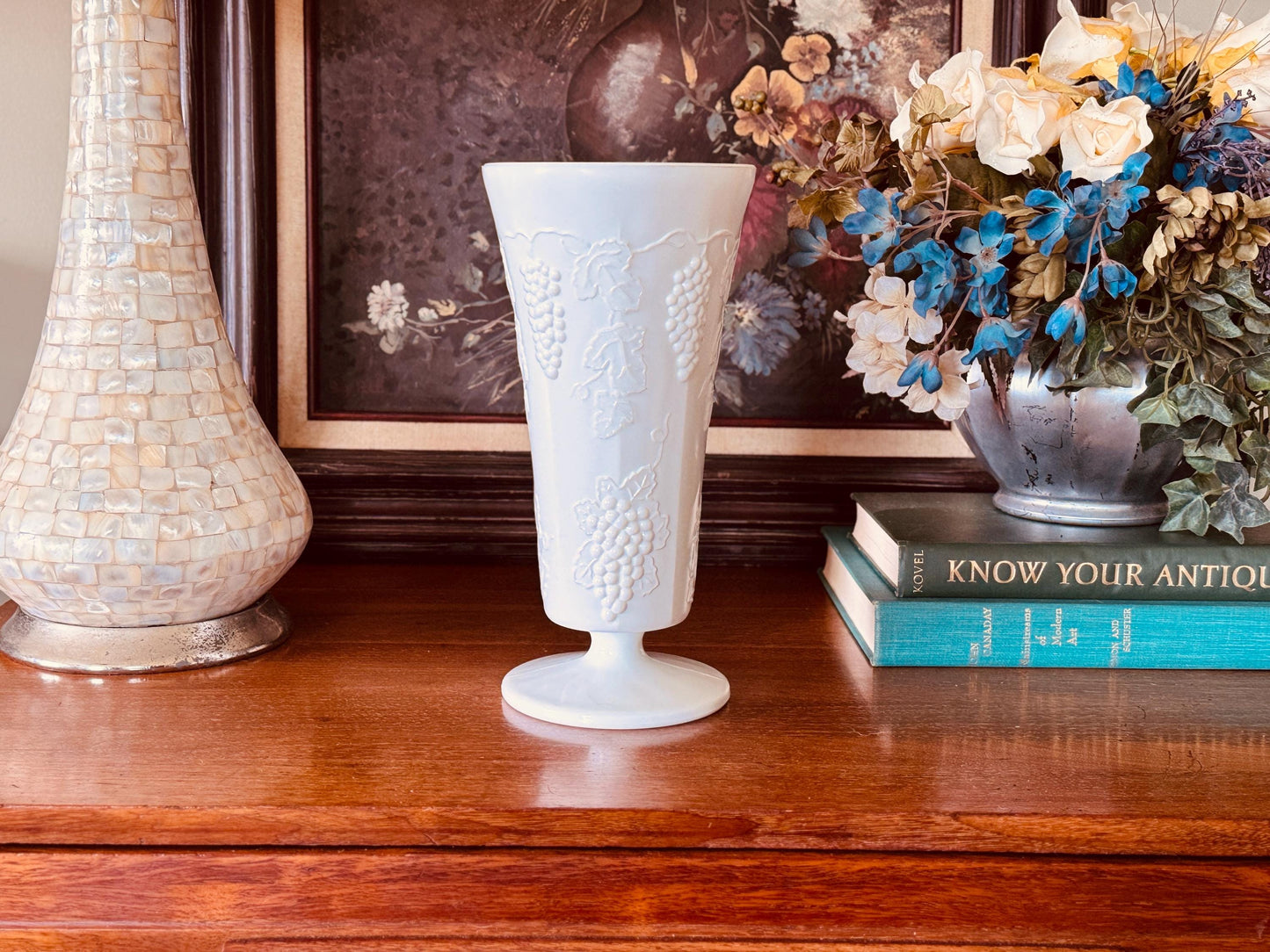 Vintage Milk Glass Grapevine Pedestal Vase – 10” Tall