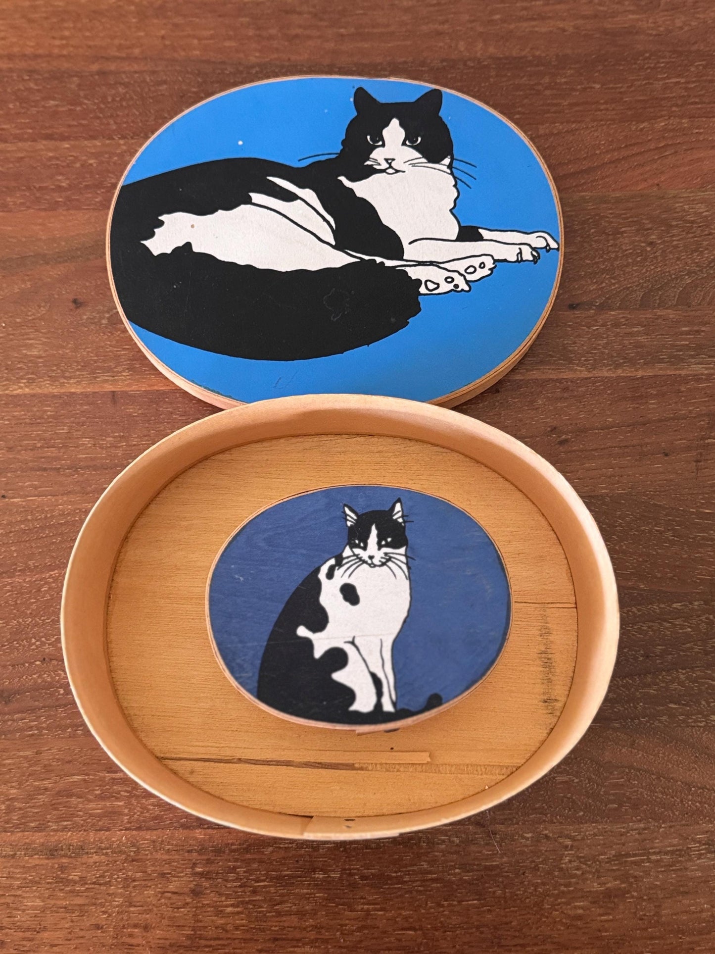 Vintage Cat Illustration Shaker Boxes – Wooden Black & White Tuxedo Cat Art Storage Set