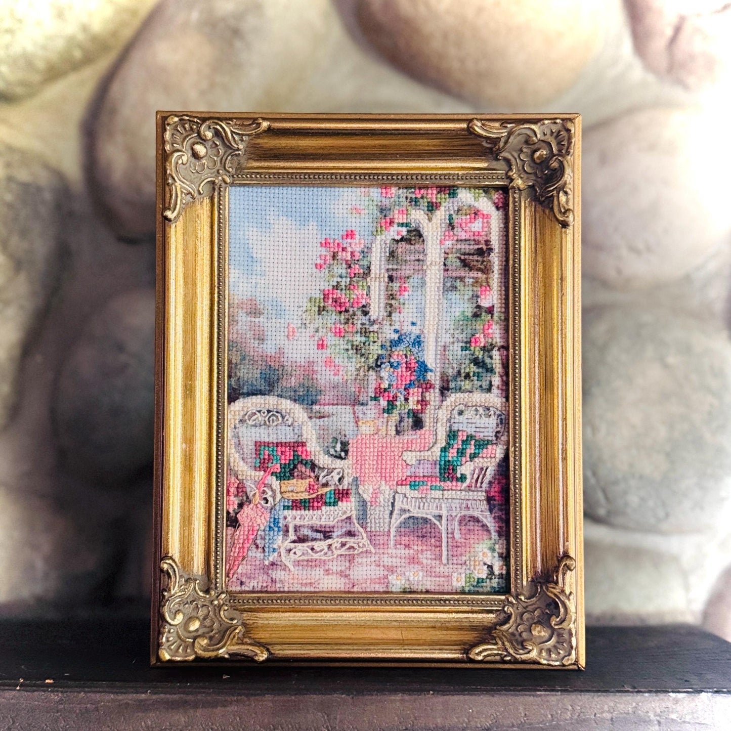 Vintage Needlepoint Crewel Framed Hand-Embroidered Floral Art Needlepoint in Ornate Gold Tone Frame