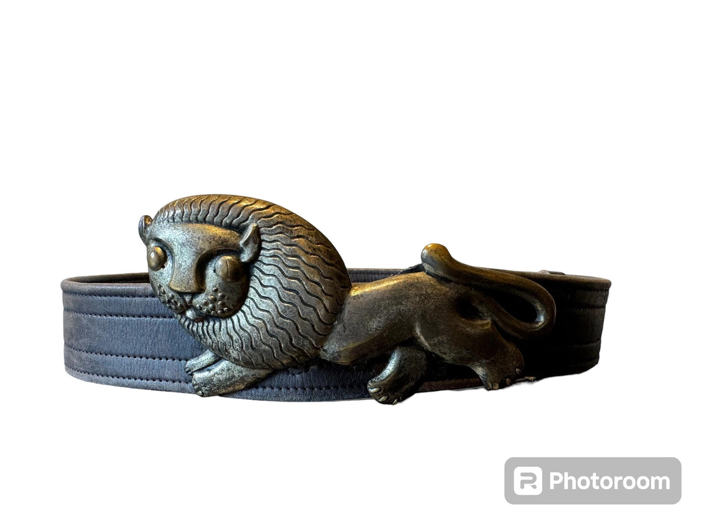 Antique French Lion Belt Buckle: Silver Pewter & Brass, Leather Belt