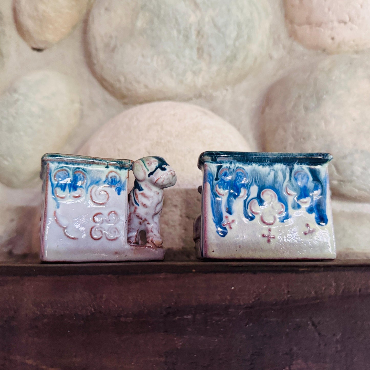Vintage Japanese Ceramic Dog Planters: Blue Drip Glaze Folk Art, Set of 2