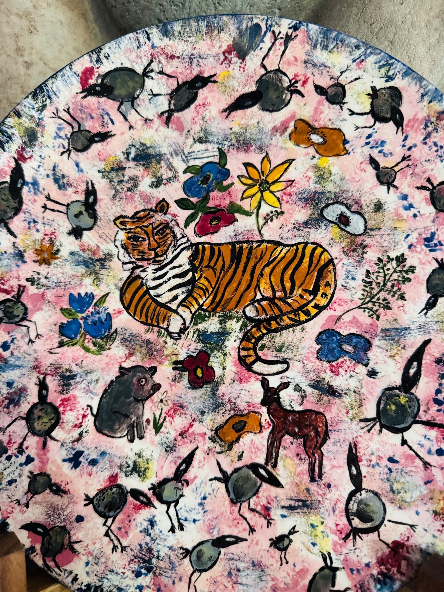 Hand-Painted Tiger Ceramic Plate: 1973 Signed Folk Art Decor