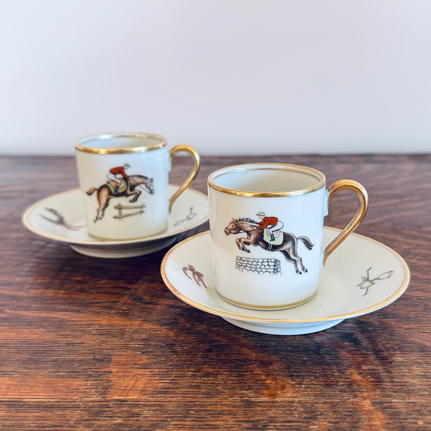 Vintage Horse Rider Set of Hertel Jacob Bavaria Porcelain Demitasse Cups