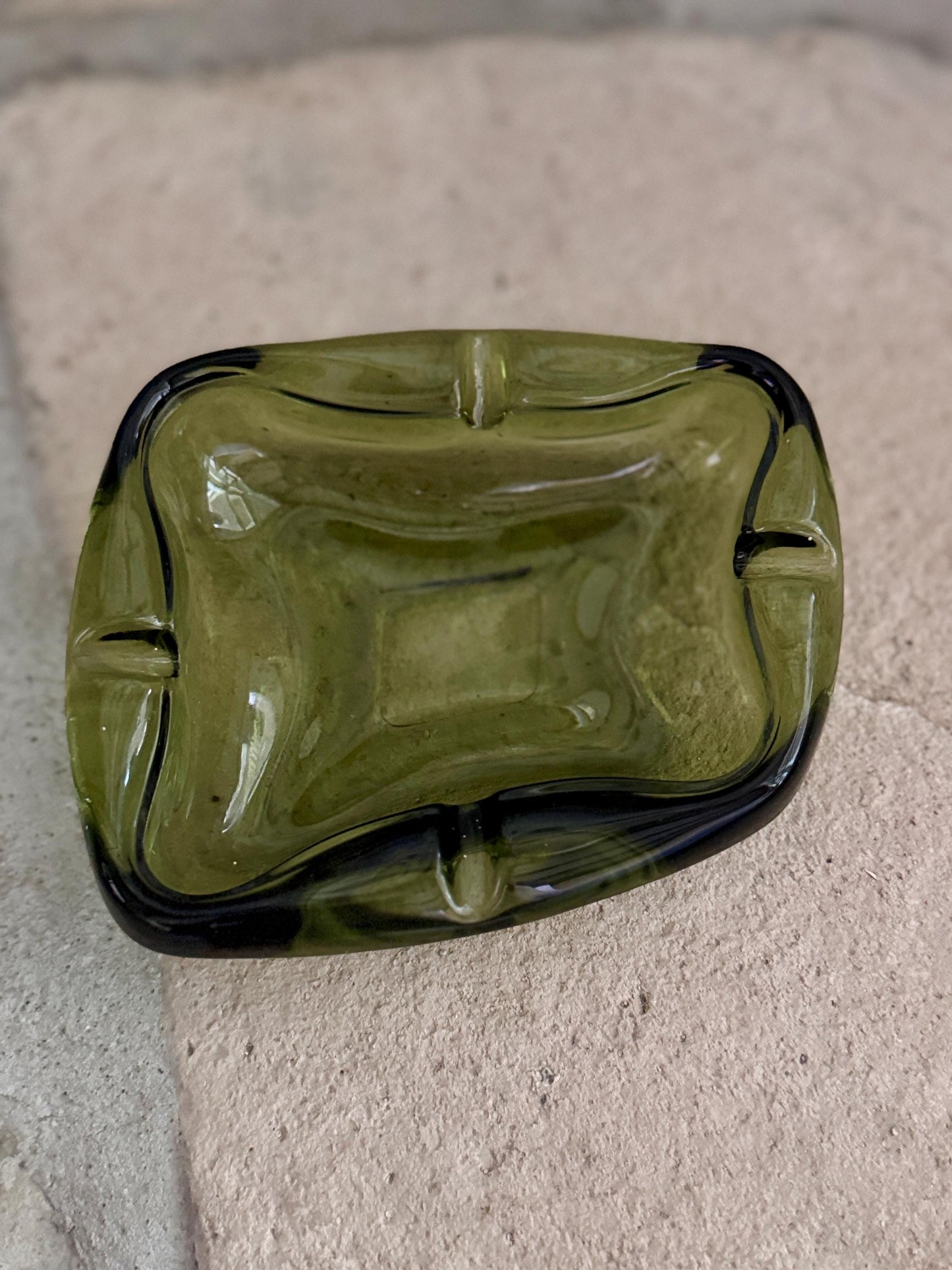 Olive Green Mid-Century Glass Ashtray Catchall – Heavy Retro Sculptural Form