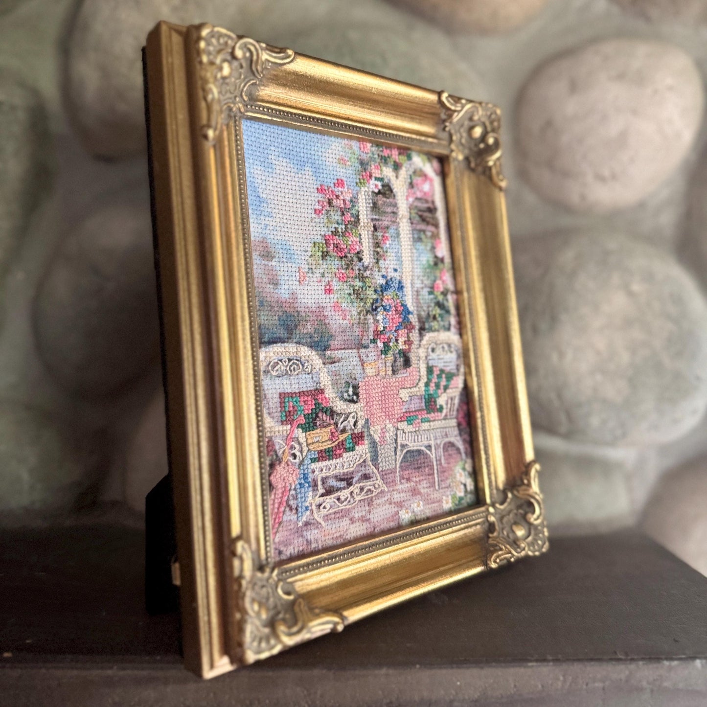 Vintage Needlepoint Crewel Framed Hand-Embroidered Floral Art Needlepoint in Ornate Gold Tone Frame