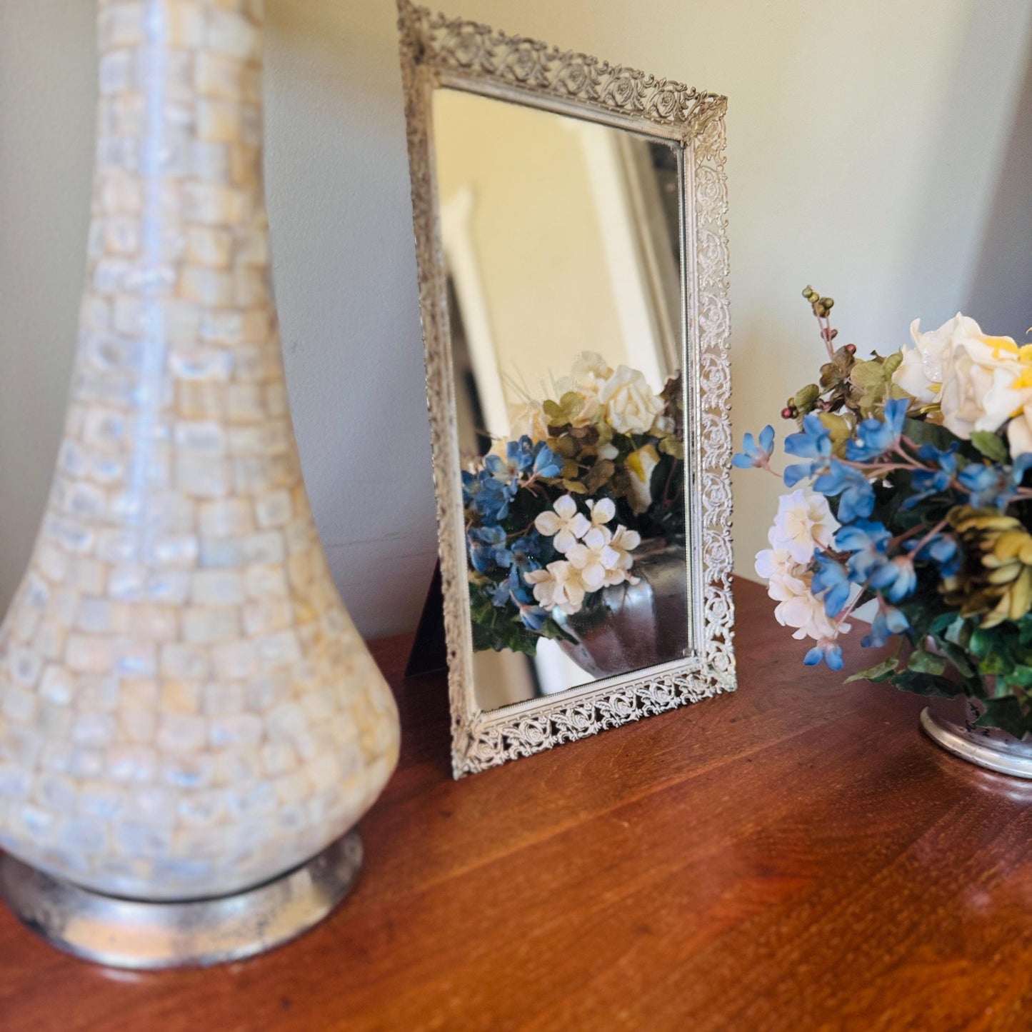 Vintage Hollywood Regency Mirrored Tray | Gilt Filigree Perfume Display