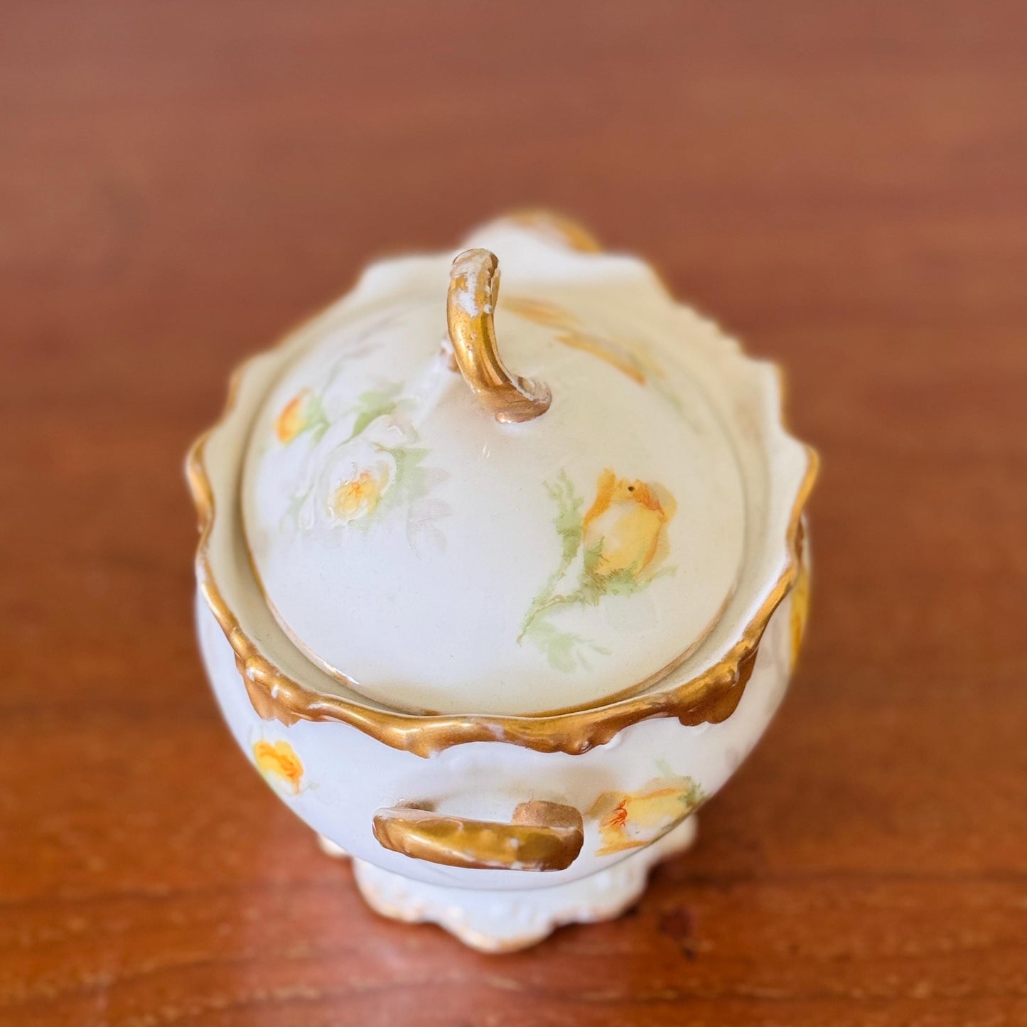 Antique Limoges Porcelain Sugar Bowl – Hand Painted Roses, Gold Trim