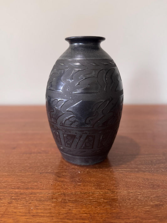 Vintage Black Ceramic Pottery Vase: Signed J.W.C. Studio Art Decor