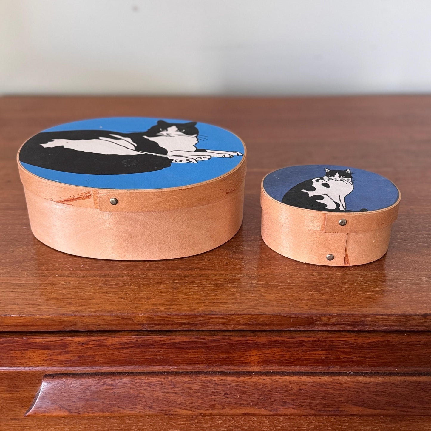 Vintage Cat Illustration Shaker Boxes – Wooden Black & White Tuxedo Cat Art Storage Set