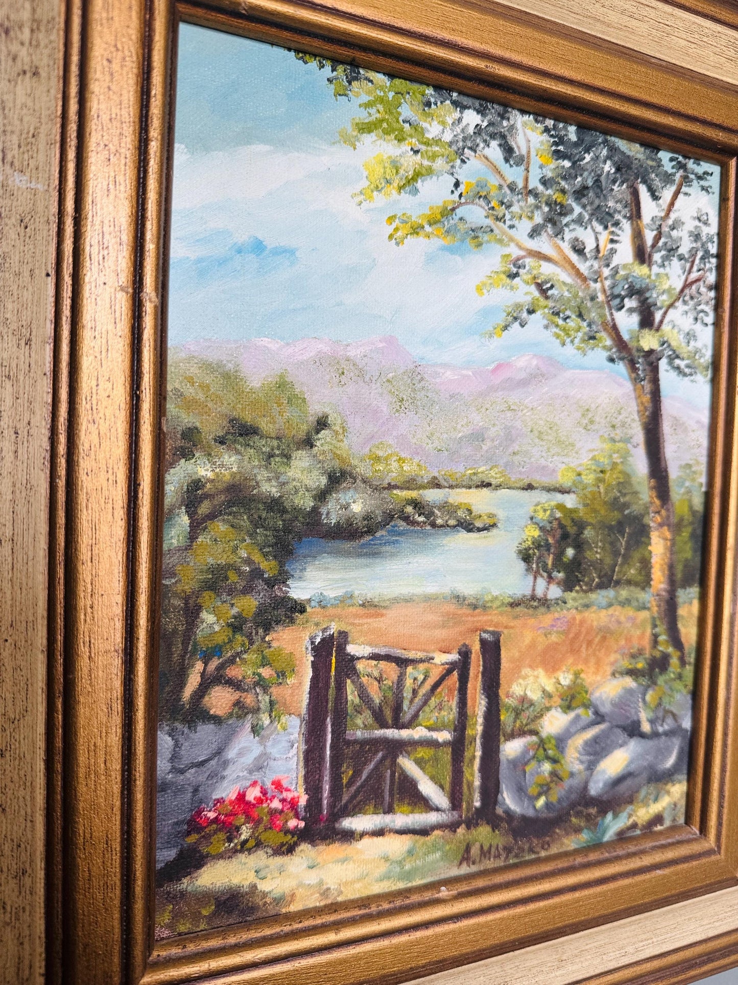 Vintage Framed Oil Painting: Rustic Country Landscape by Ann Matzko