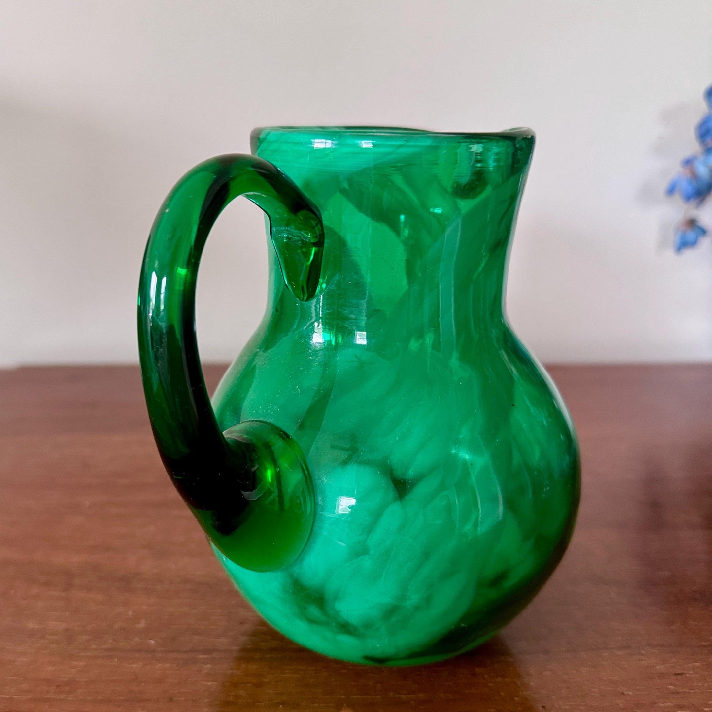 Vintage Hand Blown Jewel Toned Emerald Green Swirl Art Glass Retro Barware