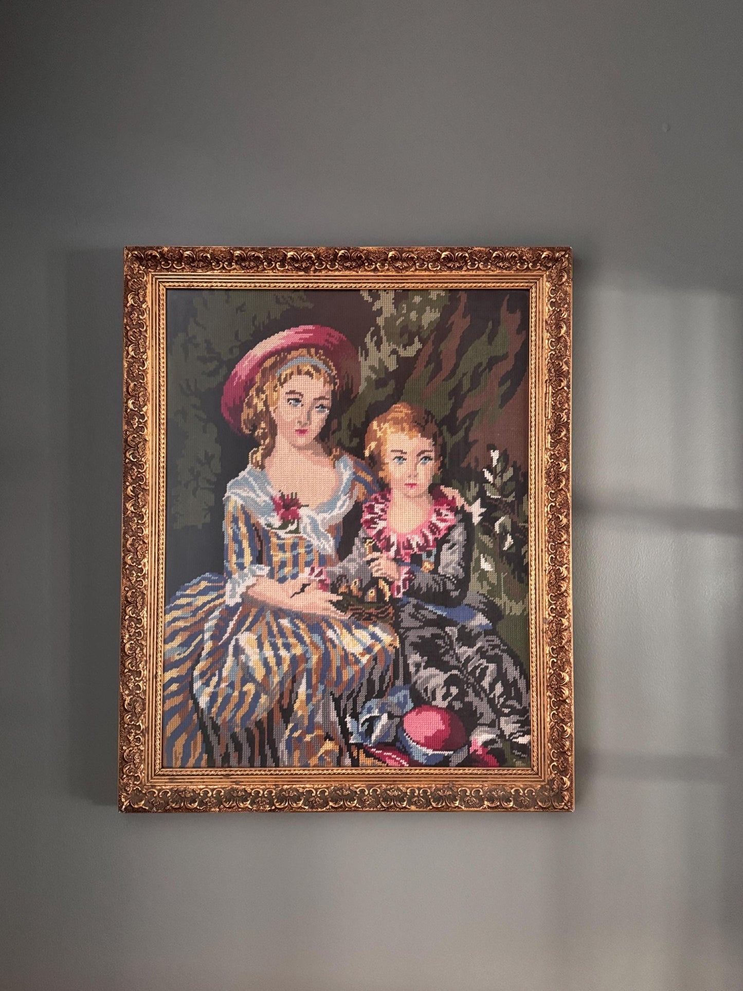 Large Victorian Needlepoint Crewel Fiber Art — Ornate Gold Gilt Frame