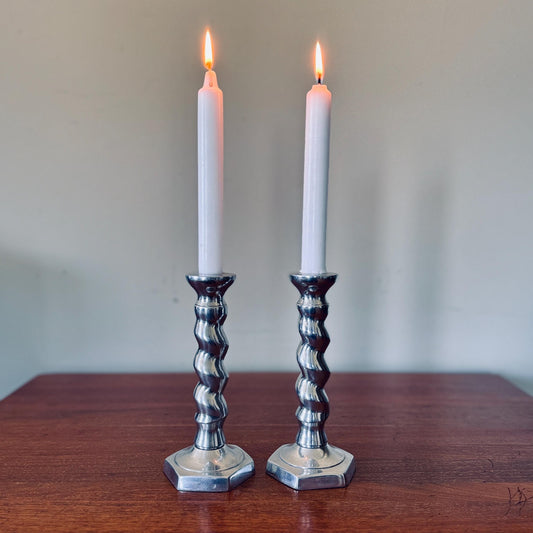 Vintage Aluminum Barley Twist Spiral Candlestick Holder, Taper Candle Pair Mid Century Modern