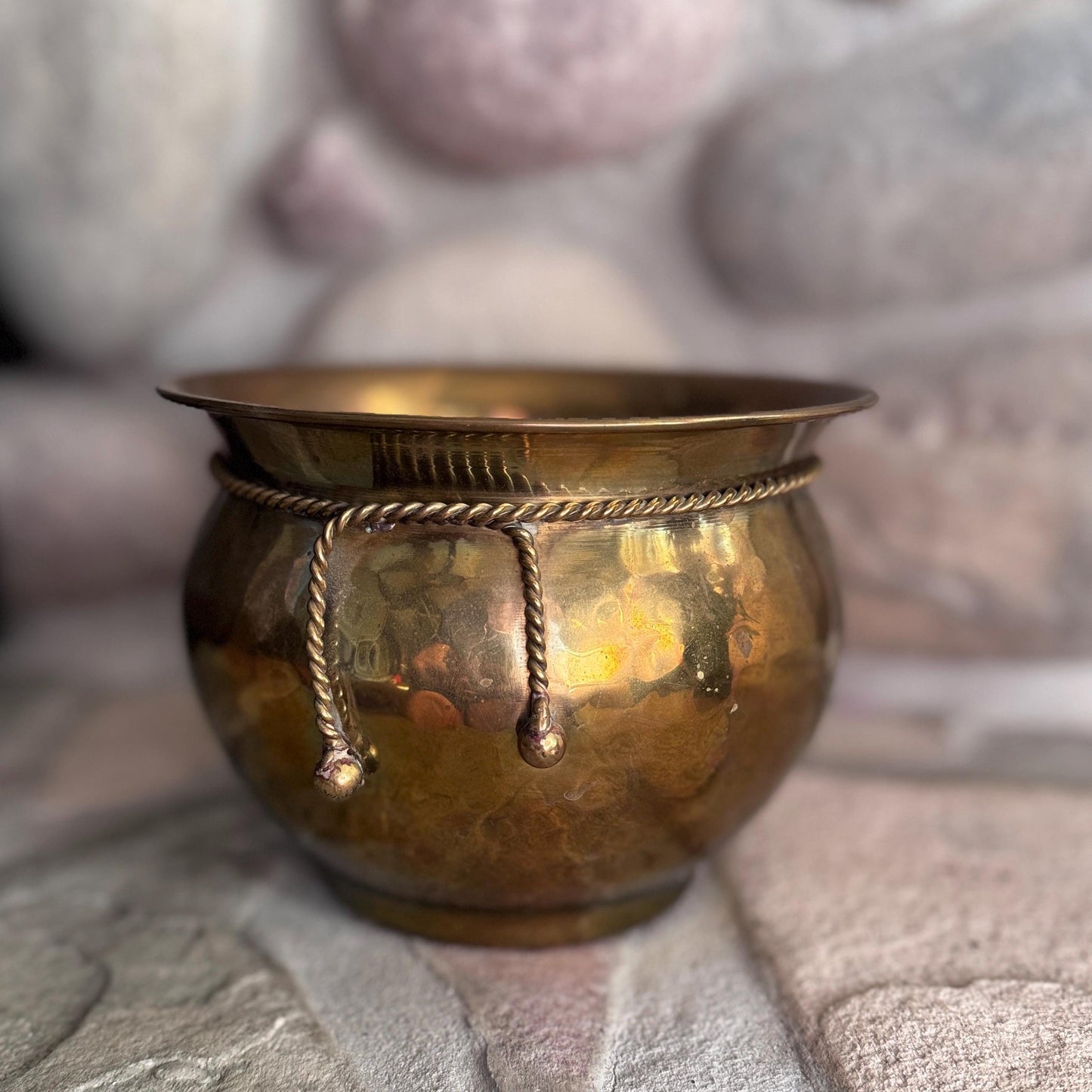 Vintage Hammered Brass Pot with Rope Detail: Boho Planter Bowl