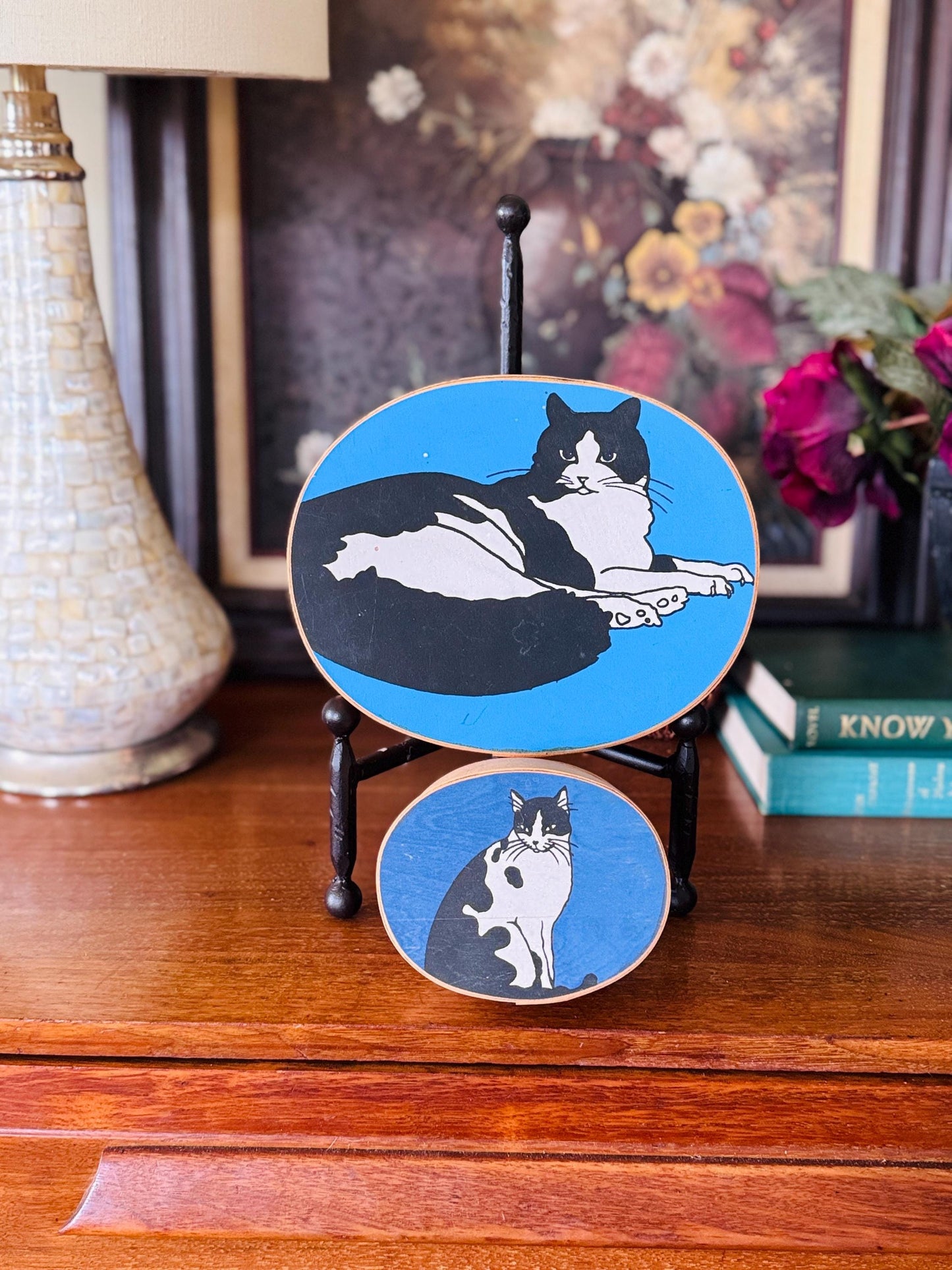 Vintage Cat Illustration Shaker Boxes – Wooden Black & White Tuxedo Cat Art Storage Set