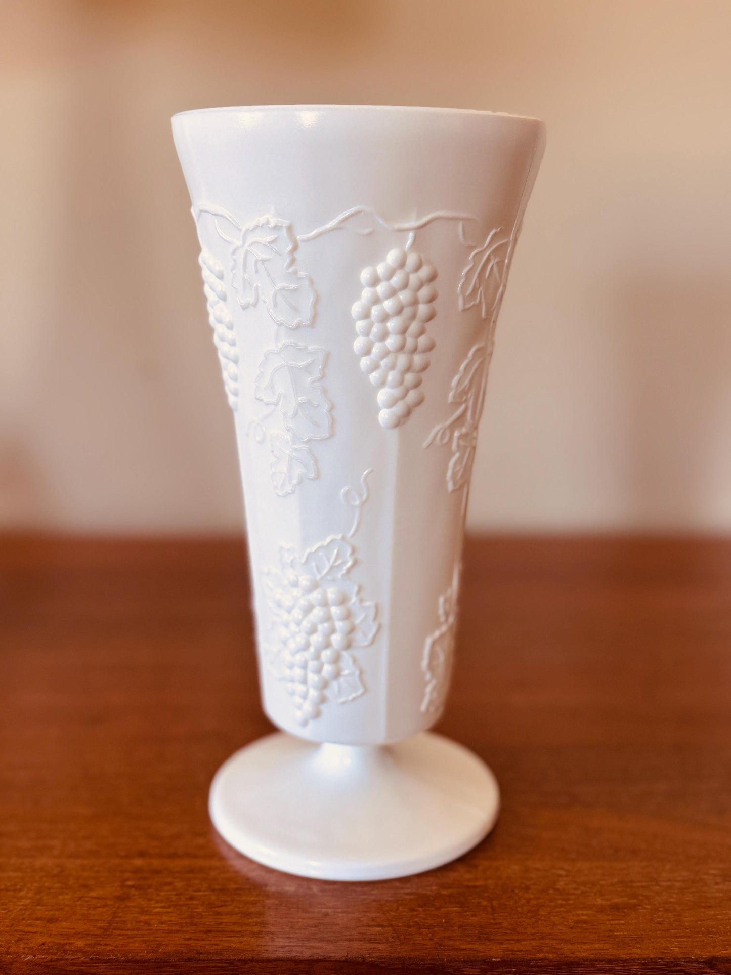 Vintage Milk Glass Grapevine Pedestal Vase – 10” Tall